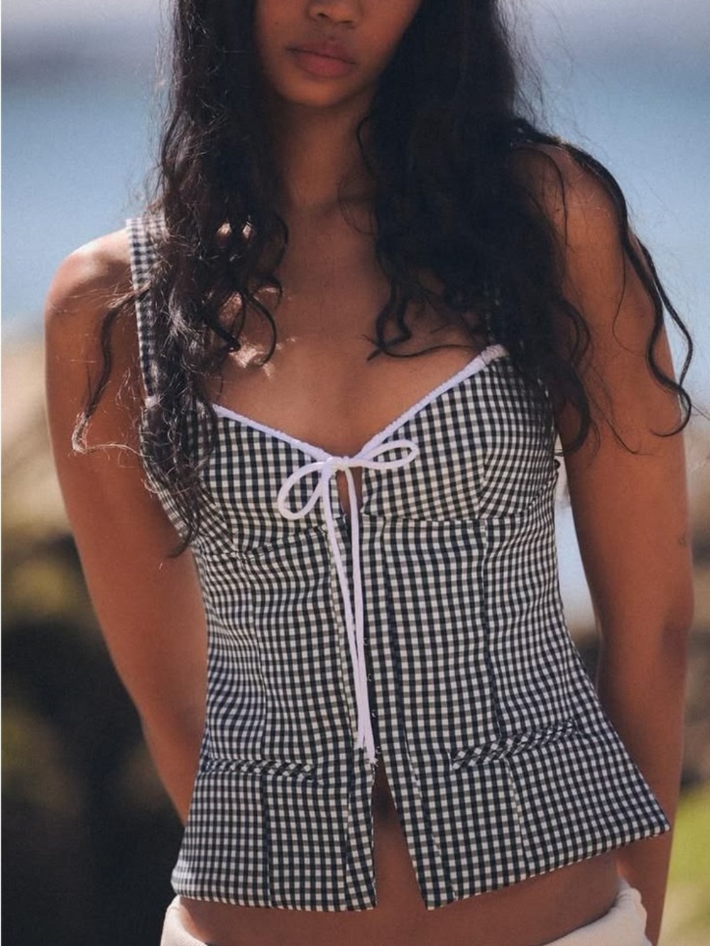 Zara Gingham Lace-Up Sweetheart Neckline Tank Top - Black & White